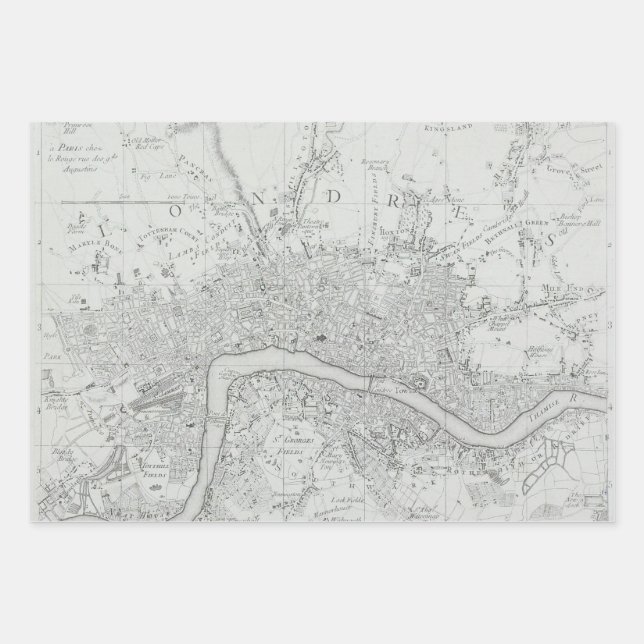 Black and White Old London City Map Wrapping Paper Sheets (Front)