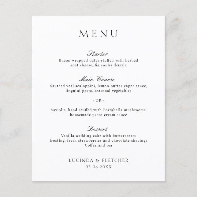 Black and White Old Money Elegant Wedding Menu (Front)