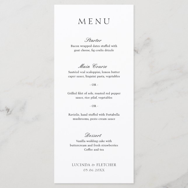 Black and White Old Money Elegant Wedding Menu (Front)