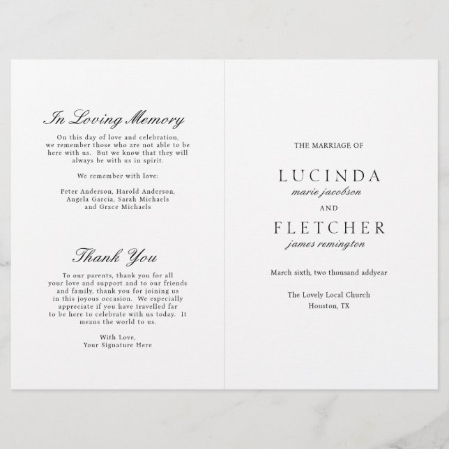 Black and White Old Money Elegant Wedding Program (Front)