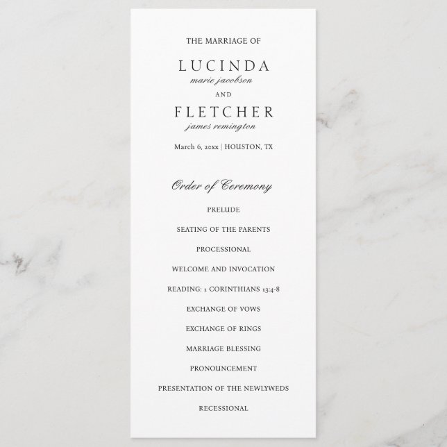 Black and White Old Money Elegant Wedding Program (Front)