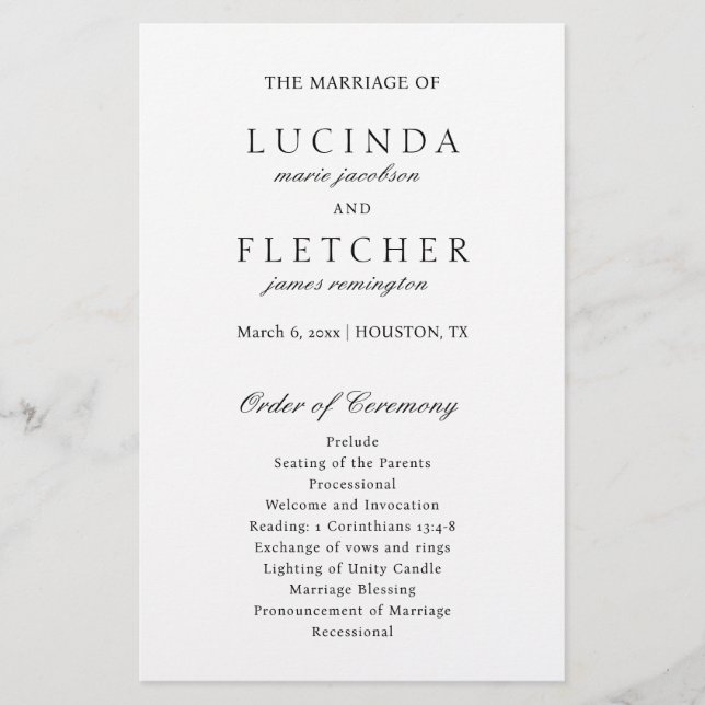 Black and White Old Money Elegant Wedding Program Flyer (Front)