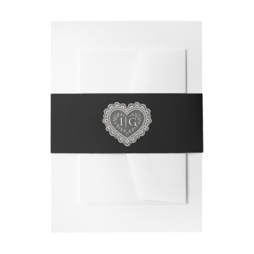 Black and white Old Money Wedding Vintage Lace Invitation Belly Band