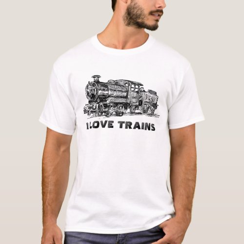 Black And White Old Train Sketch T_Shirt