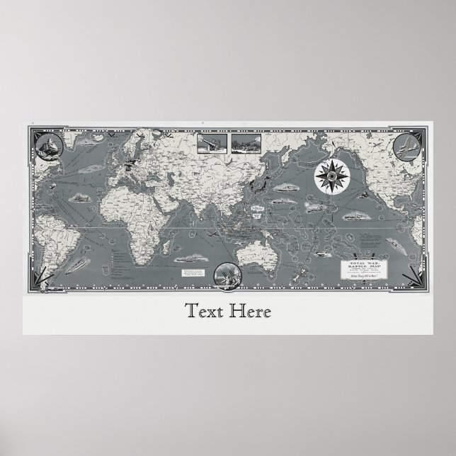 Black And White Old World Map Total War Battle Map Poster (Front)