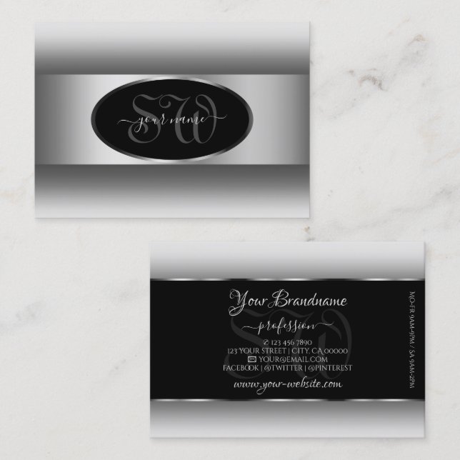 Black and White Ombre Initials Oval Silver Frame Business Card (Front/Back)