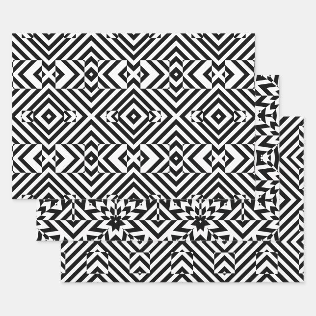 Black and White Op Art Geometric Patterns Wrapping Paper Sheets (Set)