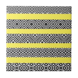 Black And White Op Art Patterned Stripes on Yellow Ceramic Tile