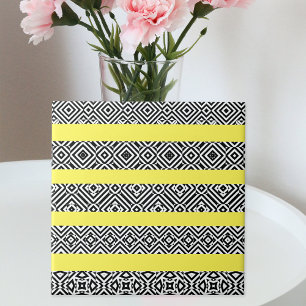 Black And White Op Art Patterned Stripes on Yellow Ceramic Tile