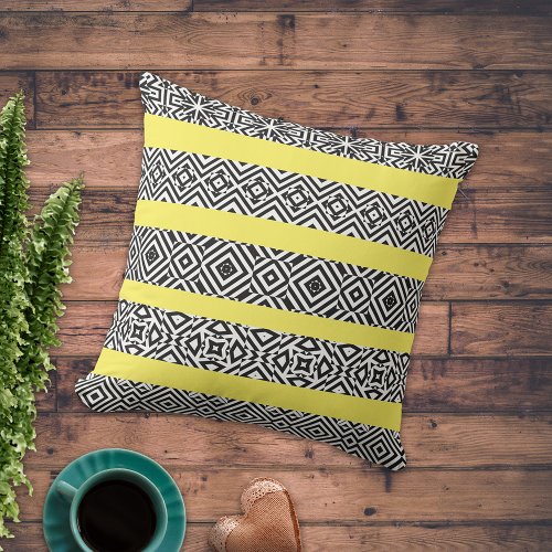 Black And White Op Art Patterned Stripes on Yellow Outdoor Pillow