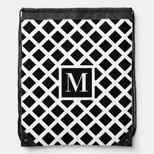 Black and White Optical Illusion Grid Monogram Drawstring Bag
