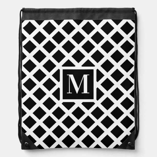Black and White Optical Illusion Grid Monogram Drawstring Bag (Front)
