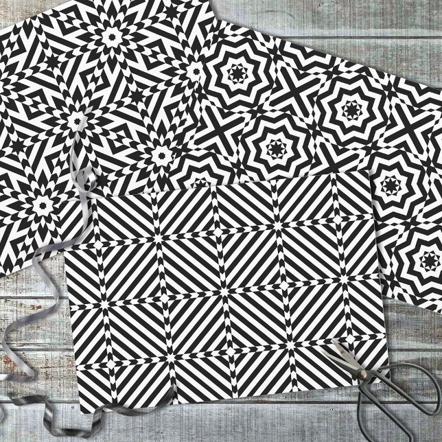 Black and White Optical Illusion Mosaic Patterns Wrapping Paper Sheets (Creator Uploaded)