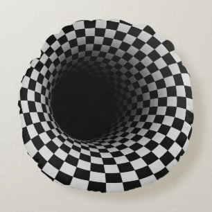 Black and White Optical Illusion Tunnel Round Pillow
