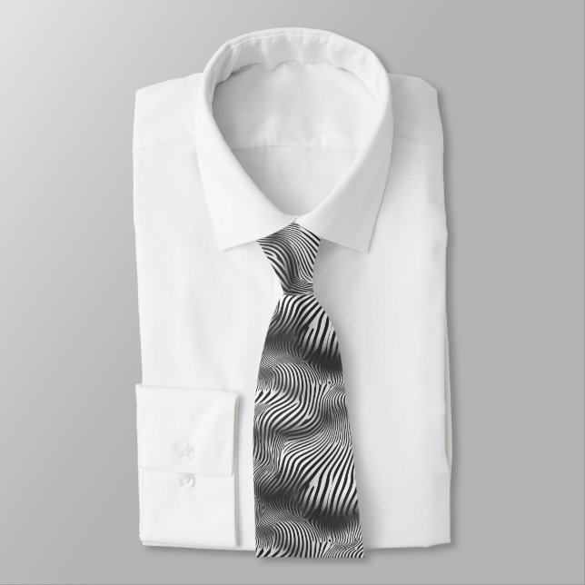 Black and White Optical Illusion Wave Pattern Neck Tie (Tied)
