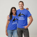 Black and White Orca, Killer Whale Custom Message T-Shirt<br><div class="desc">Add a clever slogan,  a name or the title of your special event to create your own personalized graphic tees. This t-shirt features an illustration of an orca or killer whale in black and white with your text below in bold white lettering.</div>