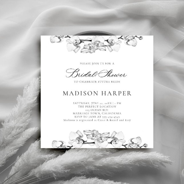 Black and White Orchids Art Elegant Bridal Shower Invitation (orchids bridal shower invitation black and white art floral sketch modern classic formal elegant)
