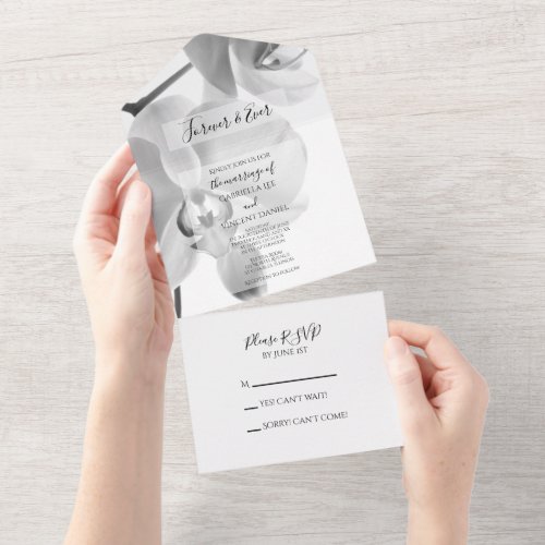 Black and White Orchids Wedding All In One Invitation