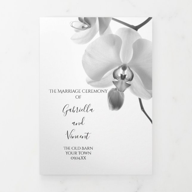 Black and White Orchids Wedding Tri-Fold Program (Cover)