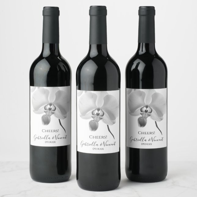 Black and White Orchids Wedding Wine Label (Bottles)