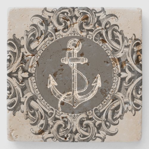 Black And White Ornament  Nautical Boat Anchor Stone Coaster