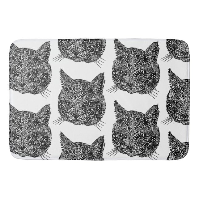 Black and White Ornamental Cat Portrait Bath Mat (Front)