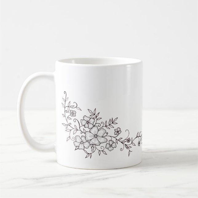 Black and White Ornamental Flower Coffee Mug (Left)