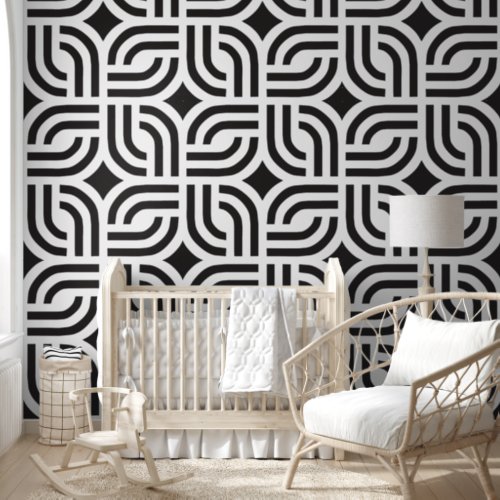 Black and white ornamental geometric tile wallpaper 