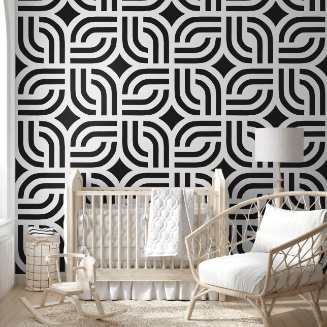 Black and white ornamental geometric tile wallpaper  (Kids)