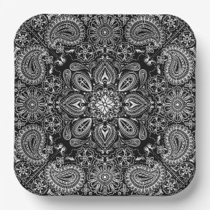 Black and White Ornate Bandana Paper Plates