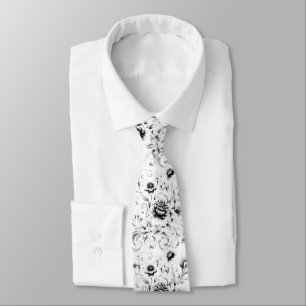 Black and White Ornate Floral Neck Tie
