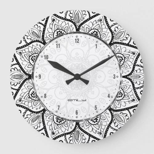 Black And White Ornate Mandala Lace Design Large Clock