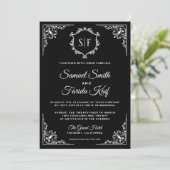 Black and White Ornate Monogram Wedding Invitation (Standing Front)