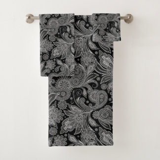 Black and White Ornate Paisley Bath Towel Set