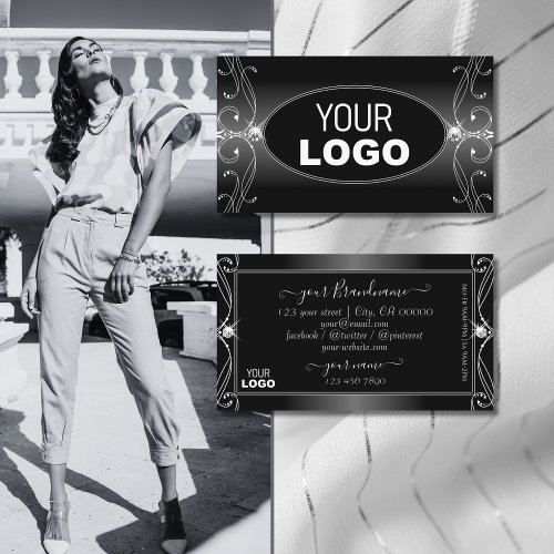Black and White Ornate Sparkling Diamonds add Logo Business Card