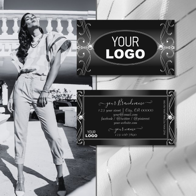 Black and White Ornate Sparkling Diamonds add Logo Business Card (Creator Uploaded)
