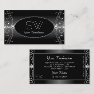 Black and White Ornate Sparkling Diamonds Monogram Business Card