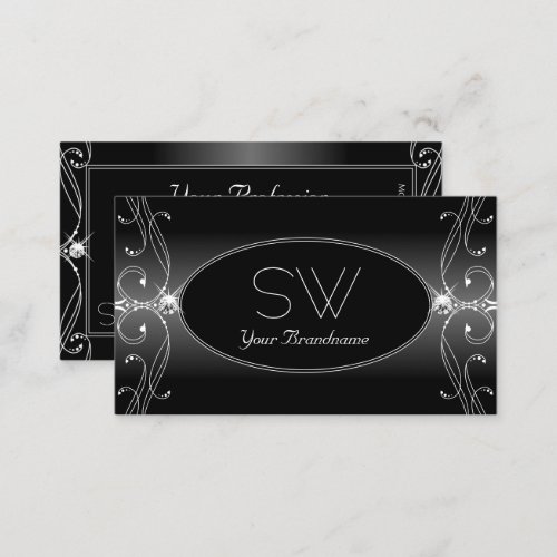 Black and White Ornate Sparkling Diamonds Monogram Business Card