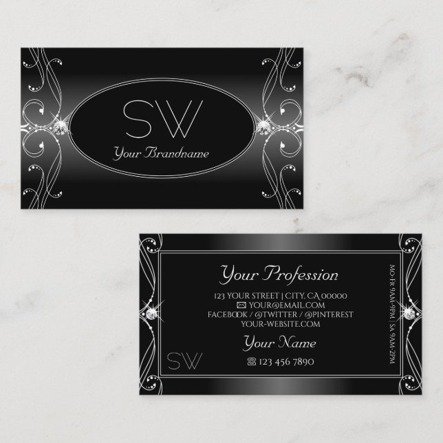 Black and White Ornate Sparkling Diamonds Monogram Business Card (Front/Back)