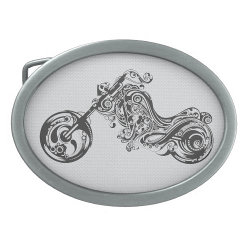 Black And White Ornate Tattoo Style Motorcycle Oval Belt Buckle