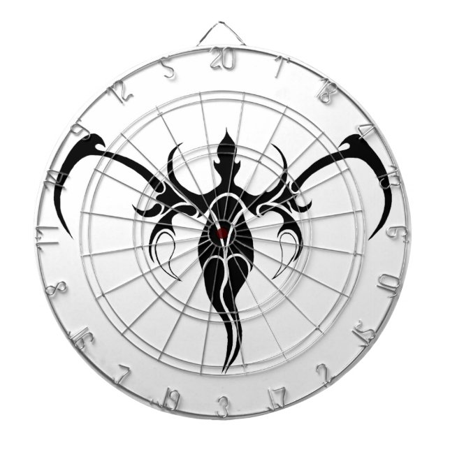 Black and White Ornate Tribal Elephant Mandala Dartboard With Darts (Front)