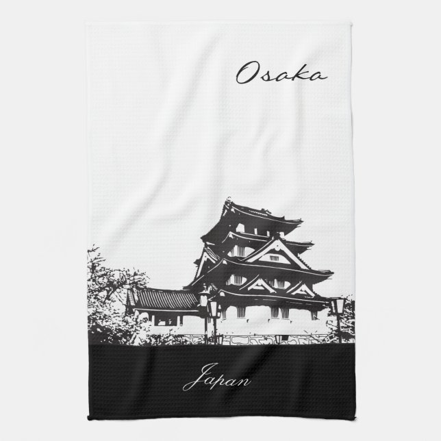 Black and White Osaka, Japan Kitchen Towel (Vertical)