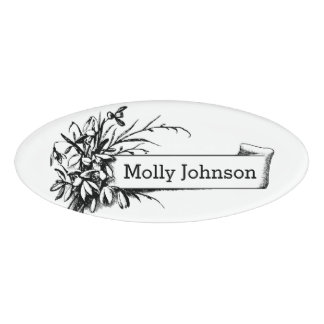 Black and White Oval Floral Design on Name Banner Name Tag