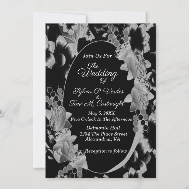 Black and White Oval Floral Garden Wedding Invitation (Front)