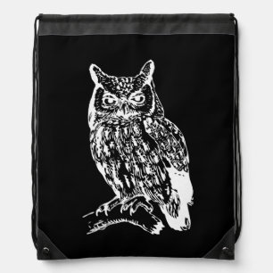 Black and White Owl Art Drawstring Bag