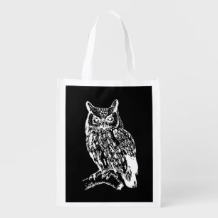 Black and White Owl Art Grocery Bag