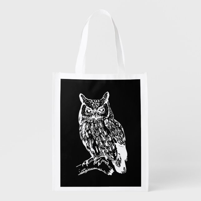 Black and White Owl Art Grocery Bag (Front)