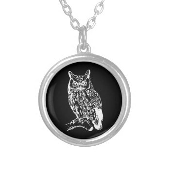 Black And White Owl Art Silver Plated Necklace by LouiseBDesigns at Zazzle