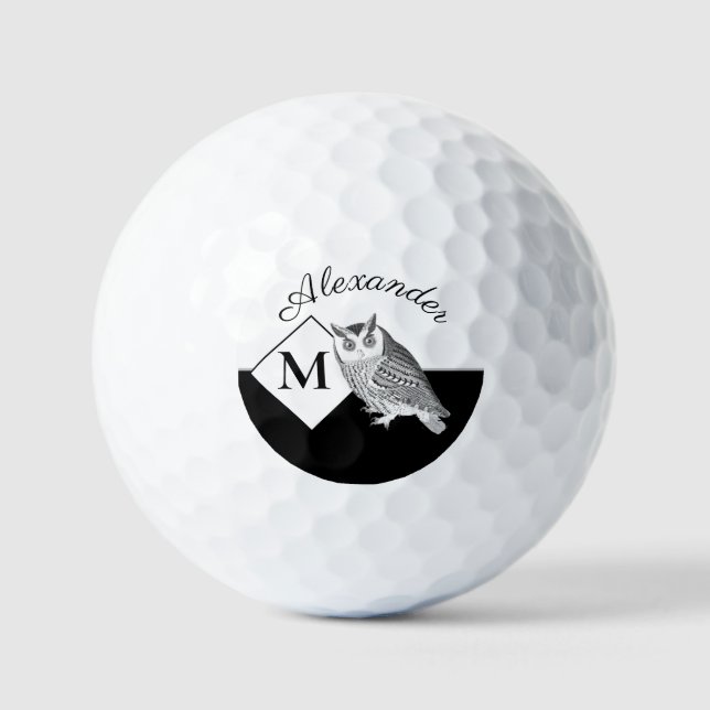 Black and White Owl Gray Monogram name Golf Balls (Front)