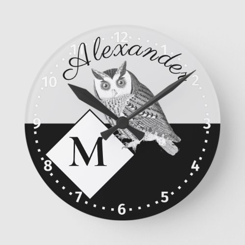 Black and White Owl Gray Monogram name Round Clock